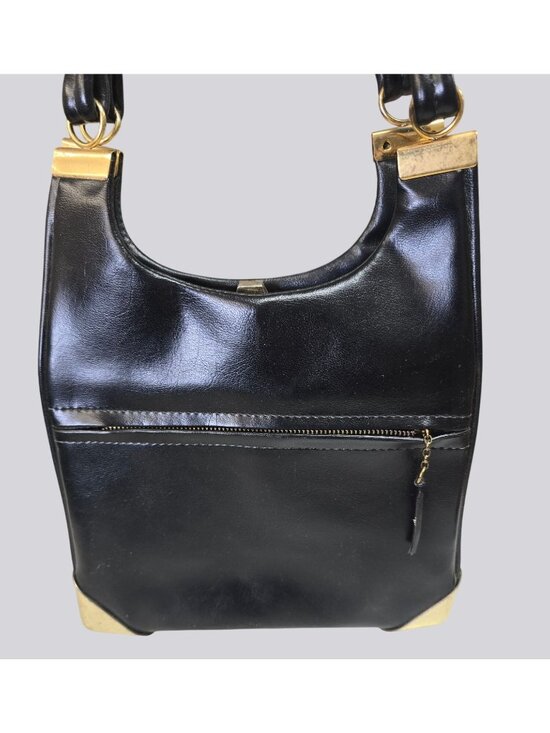 Unknown Handbags - Vintage Black Leather Shoulder Bag Gold Accents & Dual Straps